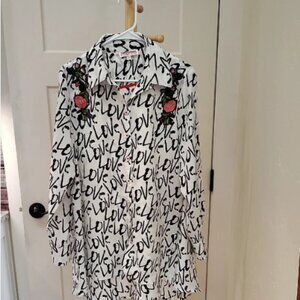 White Button-Up Shirt with Black Script and Floral Embroidery
